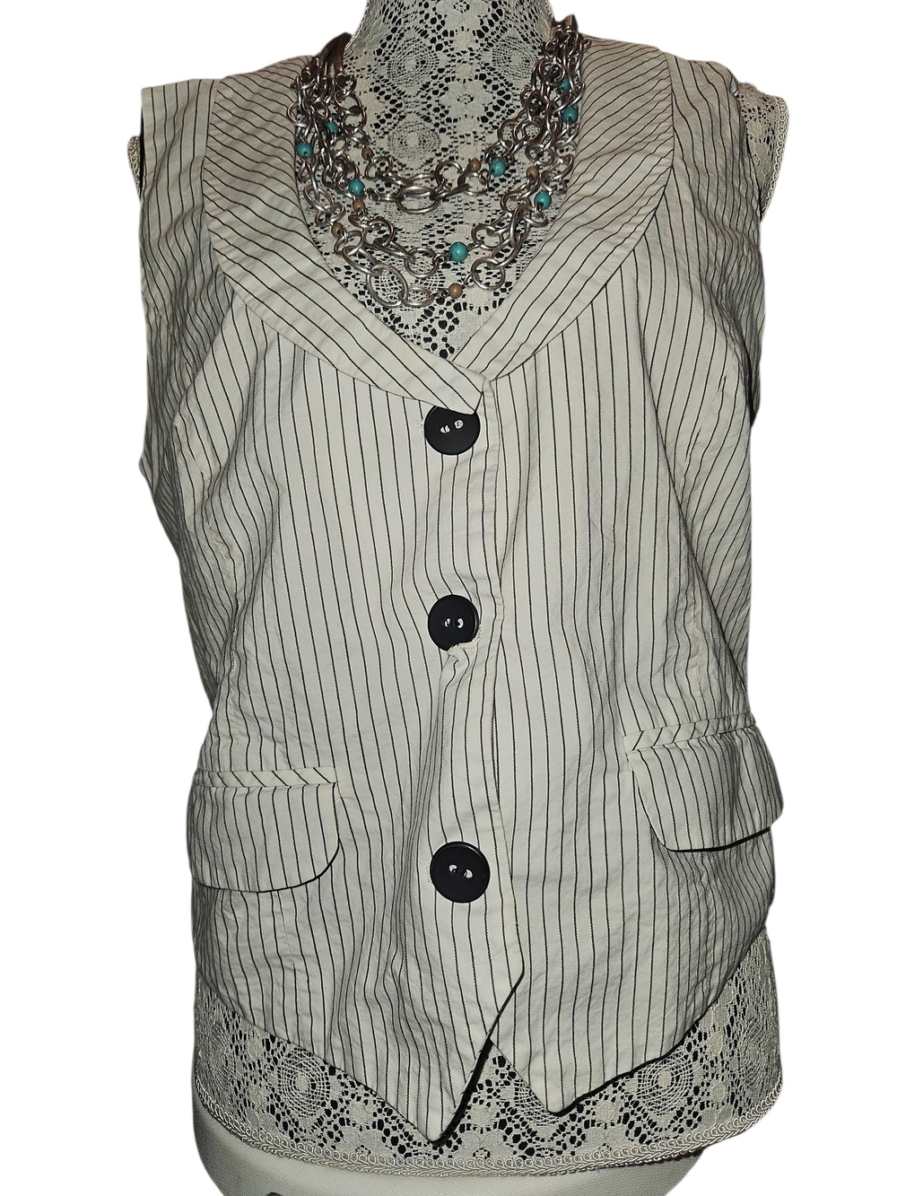 Striped Sleeveless Button Vest in Cream with Black Pinstripes